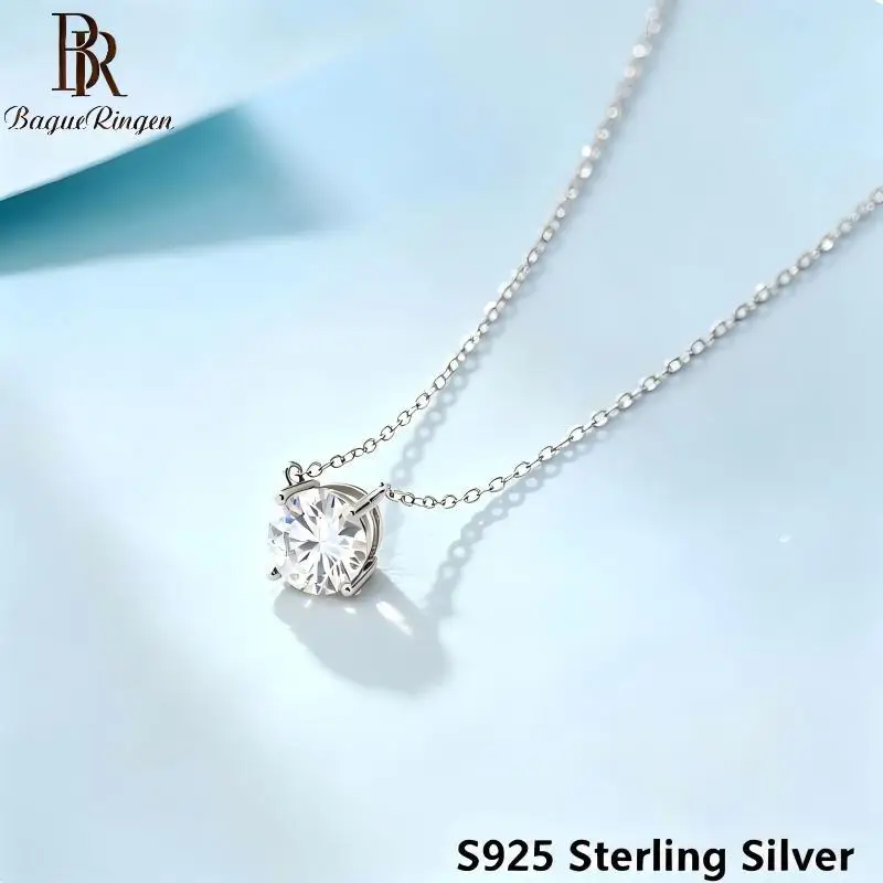BR Solitaire 4-Prong Moissanite Necklace for Women Simple Dainty Chain Collarbone Pendant Jewelry Trendy Luxury Shiny Gift