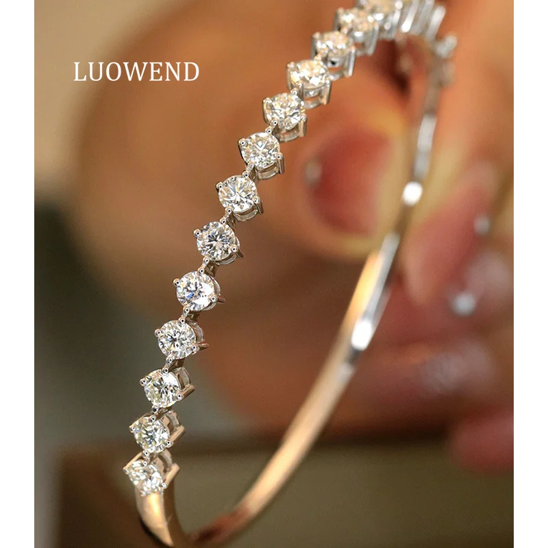 LUOWEND 100% 18K White Gold Bangle Luxury Classic Design 3.0carat Real Natural Diamond Bangle for Women High Party Jewelry