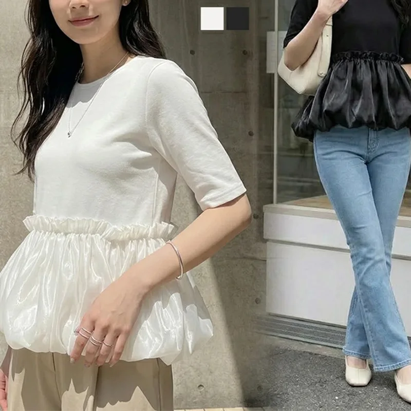 Summary Of The New Style: Patchwork Satin Short-sleeve Shirt With A Gentle Style, Waist-cinching Pleated Bubble Hem, And Base Sh