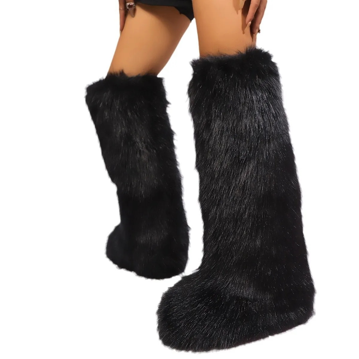 Women Faux Fox Fur Knee High Boots Winter Fluffy Long Hair Tall Boots Colorful Printed Plush Boots Party Cosplay Fashion Shoes