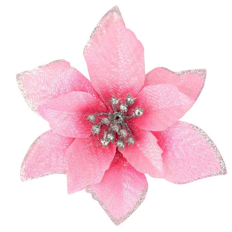 50 Pack Glitter Poinsettia Christmas Tree Ornaments 5Inch Artificial Silk Flowers Picks Decor Wreath Garland (Pink)