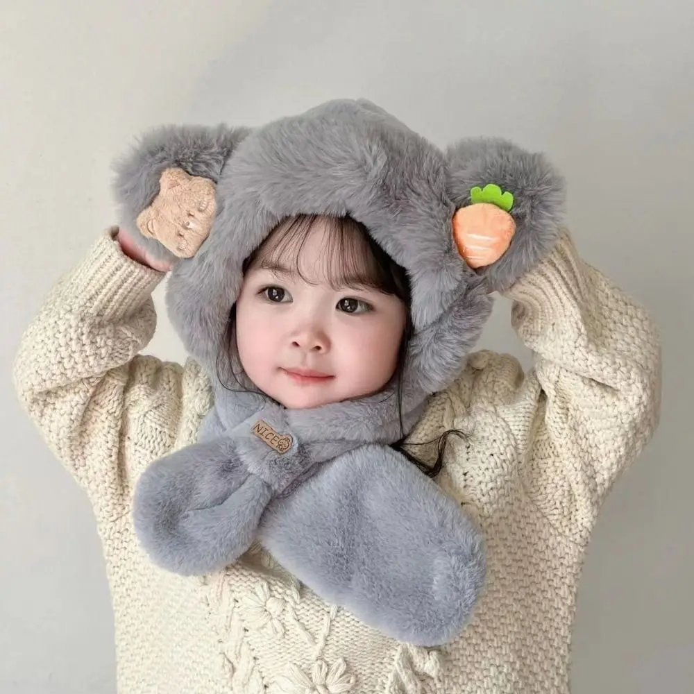 Cartoon Bear Ear Winter Baby Hat Scarf Windproof Plush Kids Hooded Scarf Thick Warm Neck Protection One-Piece Beanies Cap