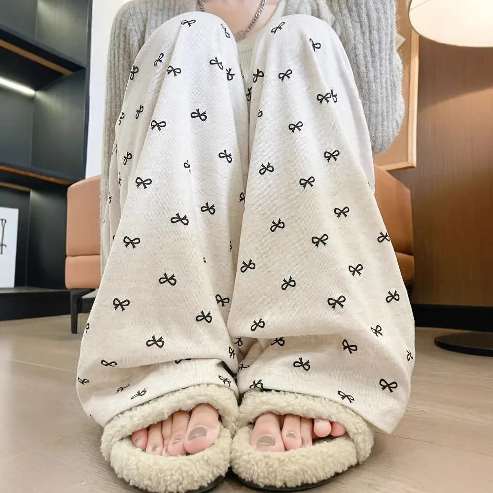 دقيق الشوفان فراشة عقدة الدبق السراويل النسائية ربيع الخريف عالية الخصر ثنى عادية كسول لينة واسعة الساق بنطلون