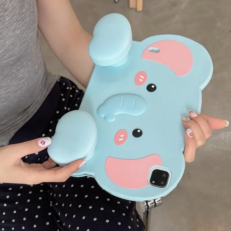 3D Cute Elephant Soft Silicone Stand Tablet Case for iPad Air6/7/8 11in A16 A19 Pro 11in 2026 M4 Shockproof Kids Friendly Cover