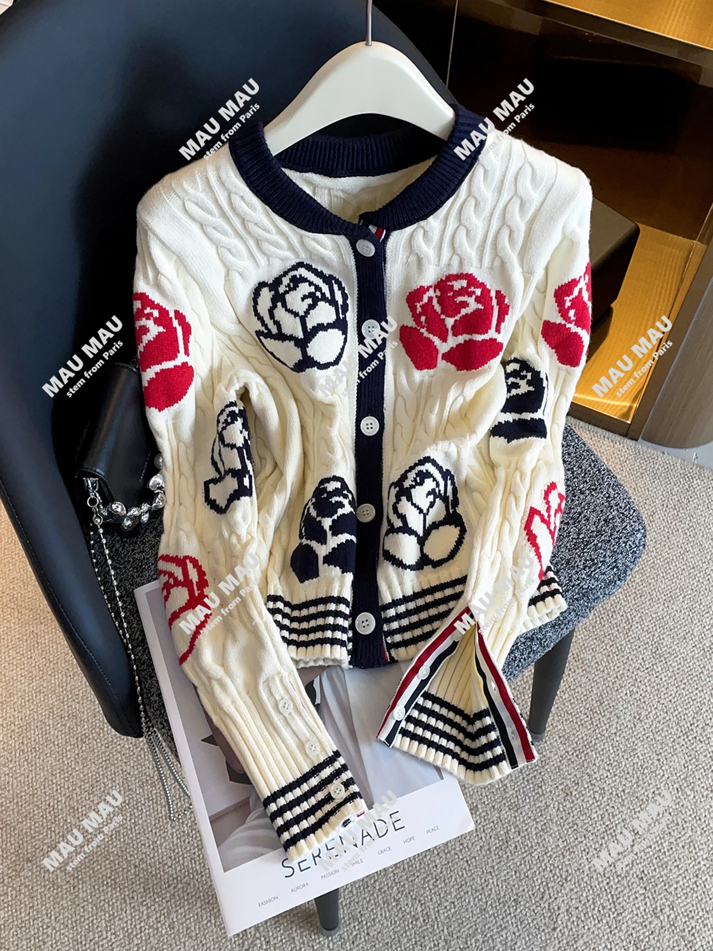 Maglione cardigan aperto lavorato a maglia con ricamo rosa da donna Premium Autumn Faion Morbido lunghezza media Lungo Sve rotondo Ne Calore