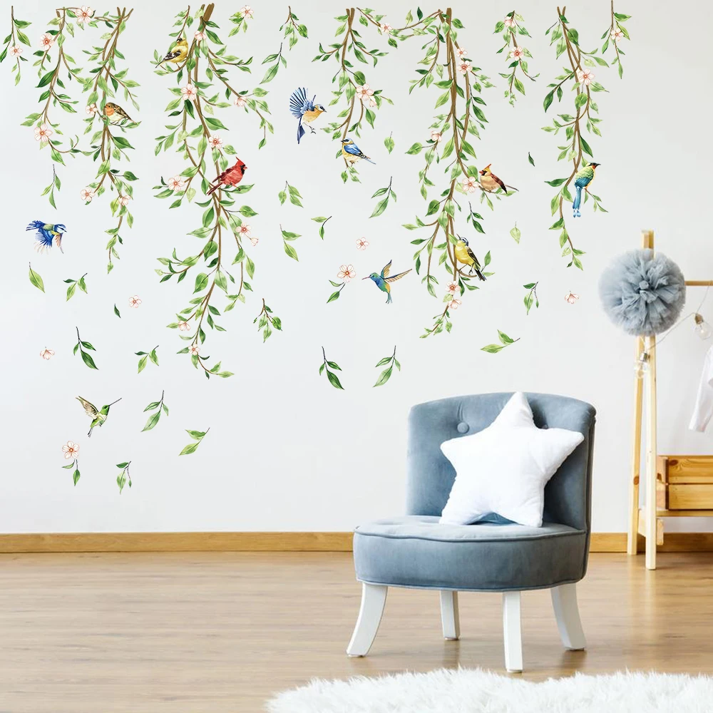Large Hanging Green Vine Wall Stickers Bedroom Living Room Plants Leaves Birds Wall Decals Playroom Kitchen Home Decor