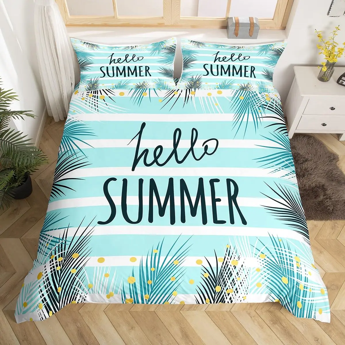 Summer Hawaii Beach Duvet Cover Full Ocean Bedding Set for Boys Girls, Cute Flip Flops Slippers Conch Starfish Comforter Cover