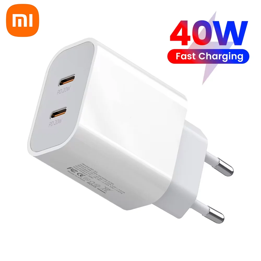 Xiaomi 40W USB C Charger Dual PD3.0 Fast Charging Adapter For IPhone 15 14 13 Samsung Oppo Phone Charger EU/US Quick Charge Head