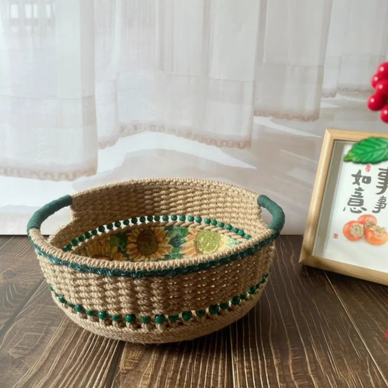 

Pure hand-woven round storage basket retro sunflower oil painting jacquard fabric storage Suitable for interior decoration