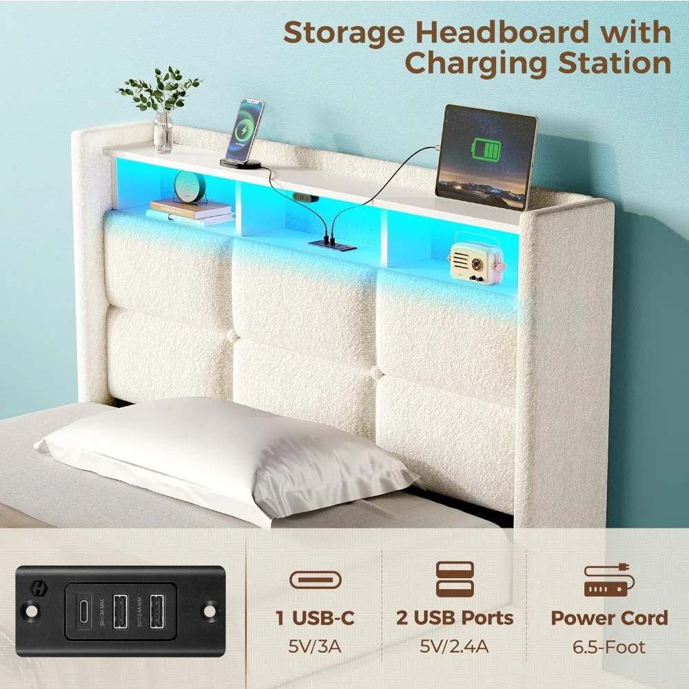 Cadre de lit double avec rangement relevable, station de recharge et lumières LED, tête de lit de rangement rembourrée, lattes en bois, cadre de lit