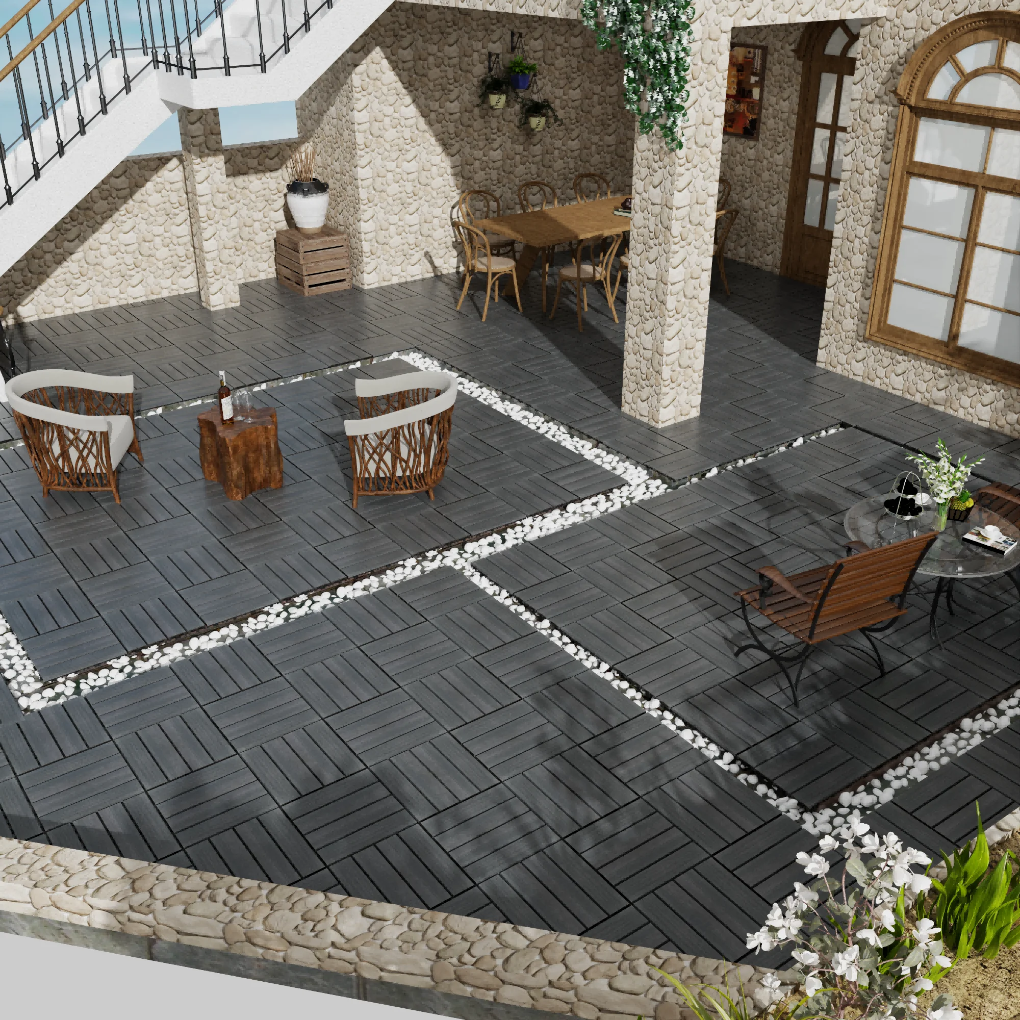 44 قطعة من بلاط أرضيات الفناء، 30 سم × 30 سم مربع مقاوم للماء للاستخدام في الهواء الطلق في جميع الأحوال الجوية، بلاط أرضيات متشابك من البلاستيك، بجانب حمام السباحة B