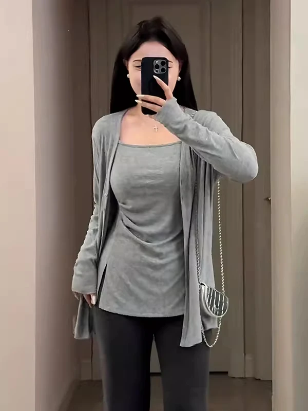 

Открытый кардиган для похудения, комплект больших размеров, модная корейская многослойная одежда, длинный свек, ранняя осень, новое поступление