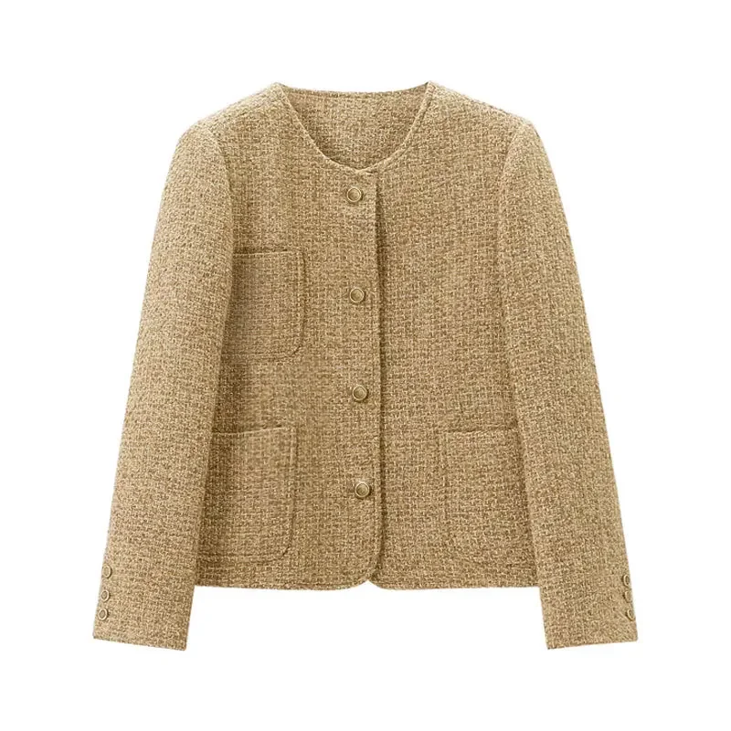 2025 Autunno elegante giacche corte per le donne O collo cappotto corto femminile solido coreano dorato francese tweed lana giacche da donna