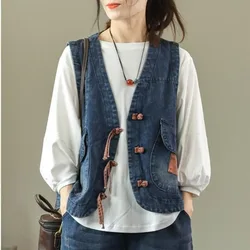 Kobiety Vintage Ethnic Style Casual Button Denim Vest Jacket Kobieta V Neck Kieszenie Luźna odzież wierzchnia Y2K Kamizelka jeansowa bez rękawów