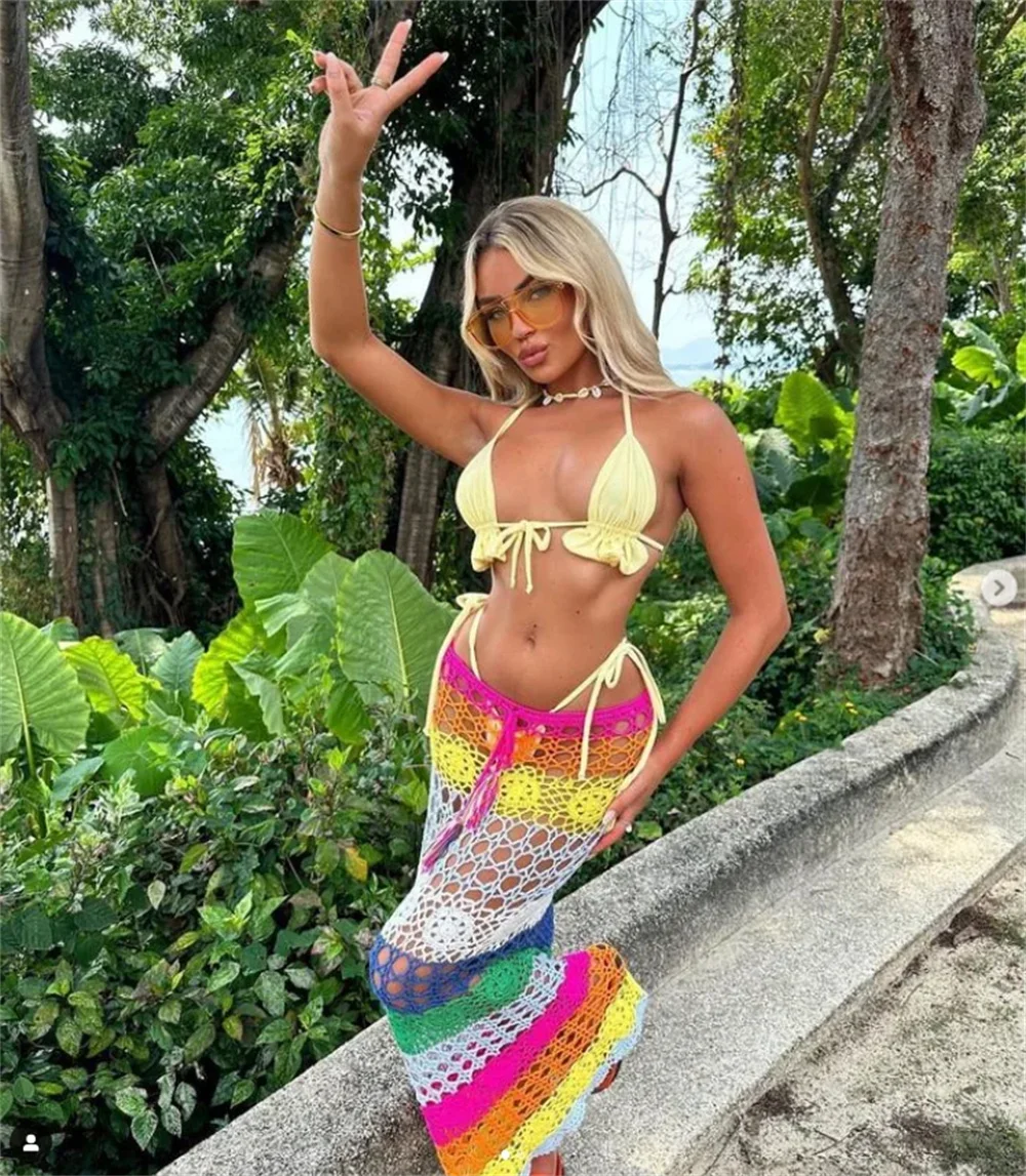 

Melphieer Women's Colorful Crochet Beach Dress Adjusted Long Beach Cover up Woman Swimwear Bikini Handmade Beachwear Outfits New