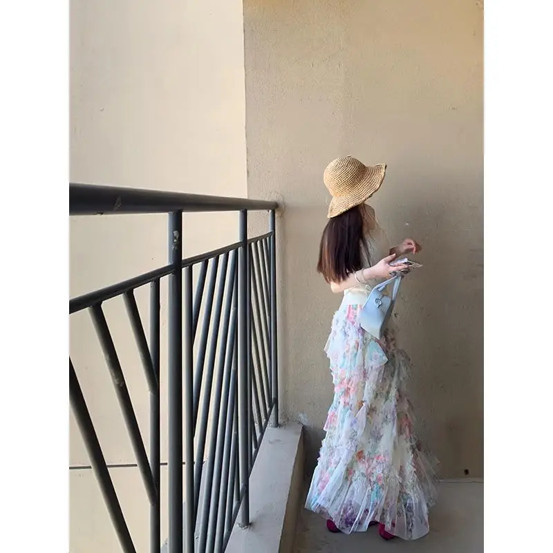Heavy Embroidery Lace Patchwork V-Neck Short Sleeve T-Shirt Korean Style Commute High Waist Polyester Fiber Printed Cake Skirt