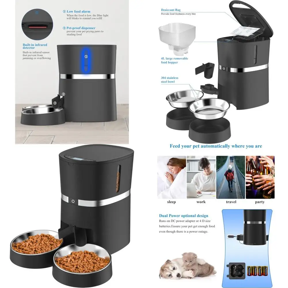 

Dual-Bowl Automatic Pet Feeder for Cats & Small Dogs - 6 Meals, Portion Control, Voice Recorder, Battery/Plug-in
