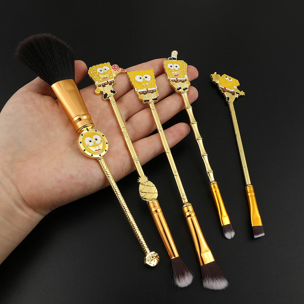 5pcs/Set SpongeBob SquarePants Cartoon Makeup Brushes Kits Foundation Blending Blush Concealer Eyebrow Powder Brush With Pouch