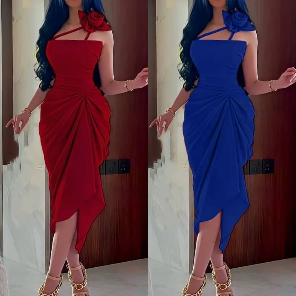 

Customized Modern Style Matching Jersey Handmade Flower Pleat Column One-shoulder Tea Length Dresses Bespoke Occasion Dresses