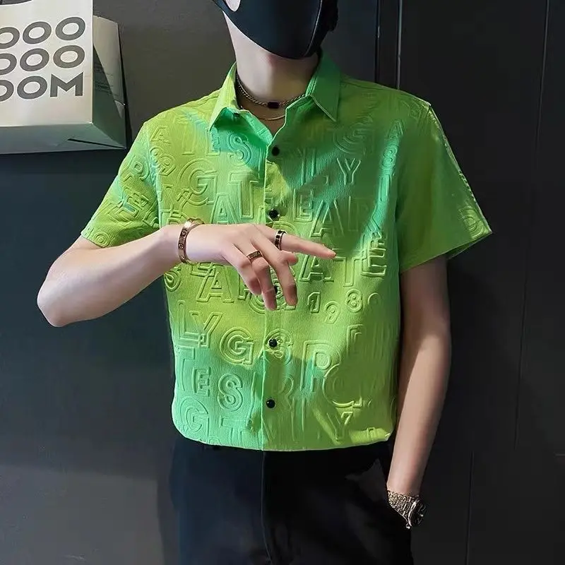 

Slim Fit Ice Silk Letter с короткими рукавами Мужские рубашки Дешевые брендовые рубашки высокого качества Роскошная распродажа Элегантная повседневная мужская рубашка в корейском стиле