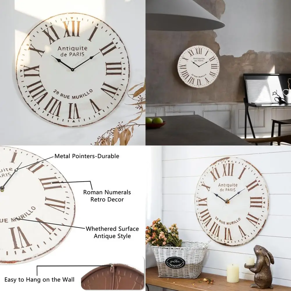 

Vintage Round Metal Wall Clock - French-Style Decorative Timepiece with Roman Numerals for Living Room, Battery-Powered Silent Q