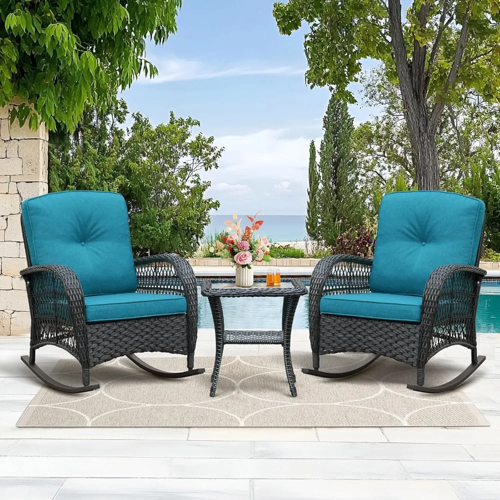 

Outdoor Wicker Rocking Chairs Set of 2 and Coffee Table, 3 Pieces Patio Bistro Furniture Set with Comfortable Cushions