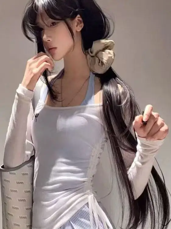 Conjunto de peças de camiseta sensual irmã coreano puro desejo cintura costurado transparente pendurado ne colete emagrecimento calças azuis