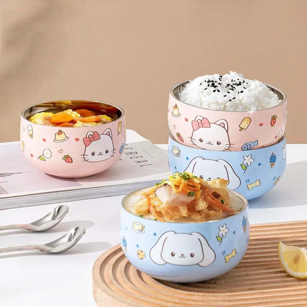 Cartoon Pattern Stainless Steel Children's Bowl Double Layer Drop-proof Ramen Bowl Anti-scalding Unbreakable Rice Bowl