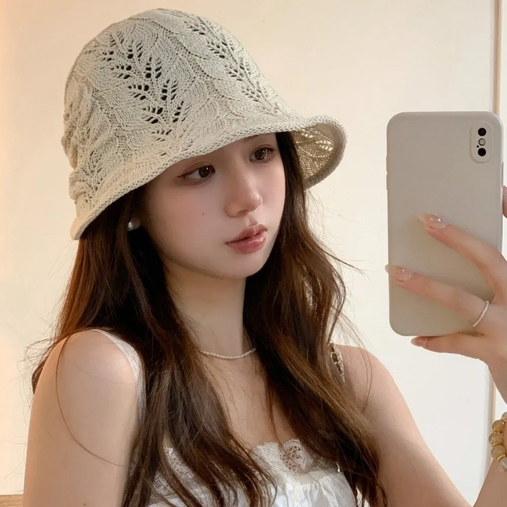 Retro Hollow Out Crochet Bucket Hat Sun Protection Solid Color Basin Cap Adjustable Soft Knitted Fisherman Hat