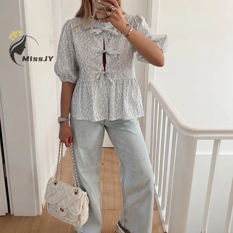 Bow Tie Ladies Blouse Shirt 2024 Loose Printed Puff Sleeve Shirt Top Spring Summer Short Ladies Street Hollow