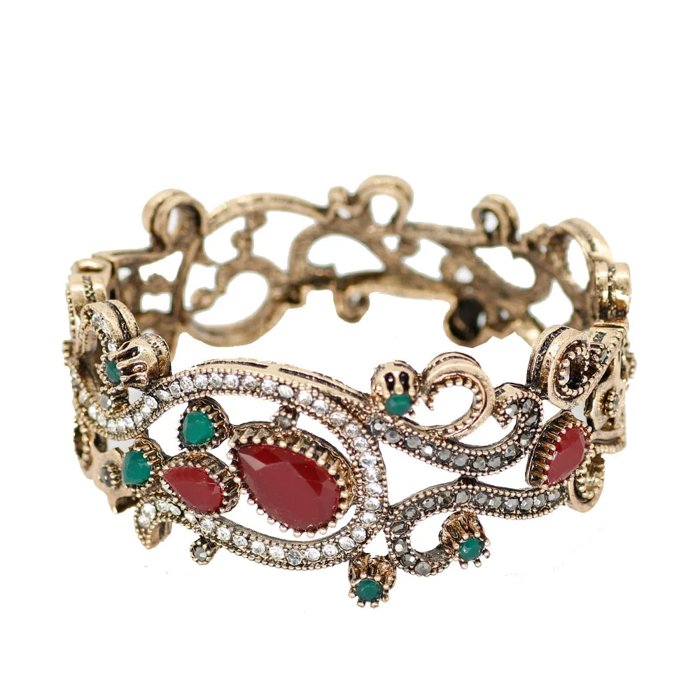 Sunspicems Vintage Turkish Flower Bangle Bohemia Women Bracelet Antique Gold Color Resin Bride Bracelet Wedding Jewelry Gift