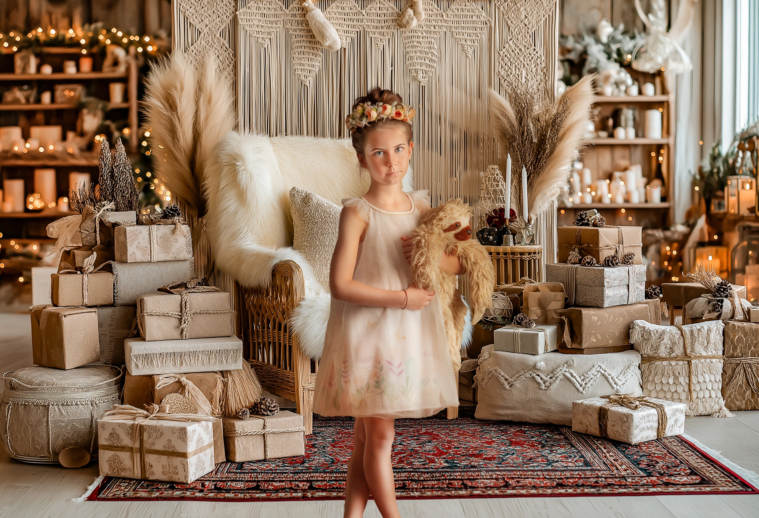 Bohemian Christmas Backdrops Child Baby Photo Props Adult Kids Decors Xmas Tree Present Chair Photography Studio Backgrounds