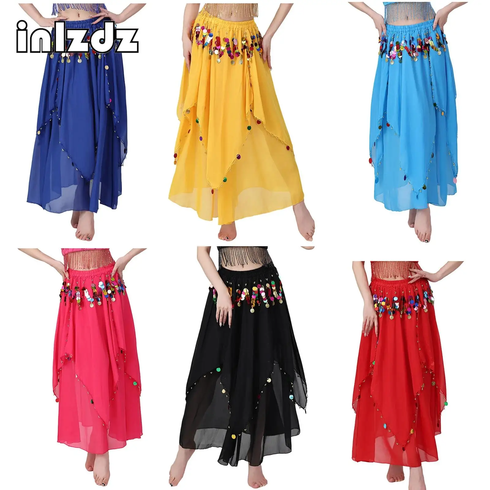 

Belly Dance Chiffon Skirt for Womens Glittery Sequin Tassel Irregular Hem Stretchy Skirt Dancewear India Dance Folk Dance Wear