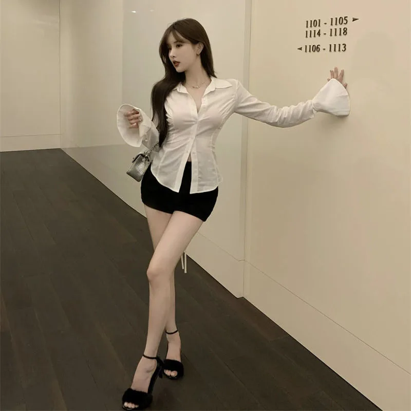 Women Sexy Slim White Chiffon Shirt Korean Turn-down Collar Flare Sleeve Tunic Bandage Blouse Single-breasted Office Lady Tops