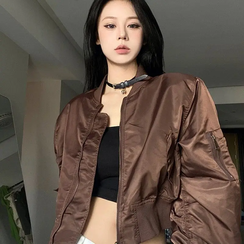 Deeptown Vintage Brown Bomber Short Jacket Women Korean Streetwear Oversize Cropped Jackets Casual Y2k Harajuku Fashion Coats