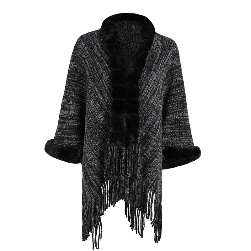 Autumn Winter Warm knitted Imitation Wool Collar Tassel shawl Fashionable Upscale Poncho Lady Capes Beige Cloaks image 5
