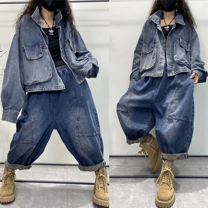 2023 Summer New Arts Style Women Turn-down Collar Long Sleeve Loose Short Coat Double Pocket Vintage Blue Denim jacket C870