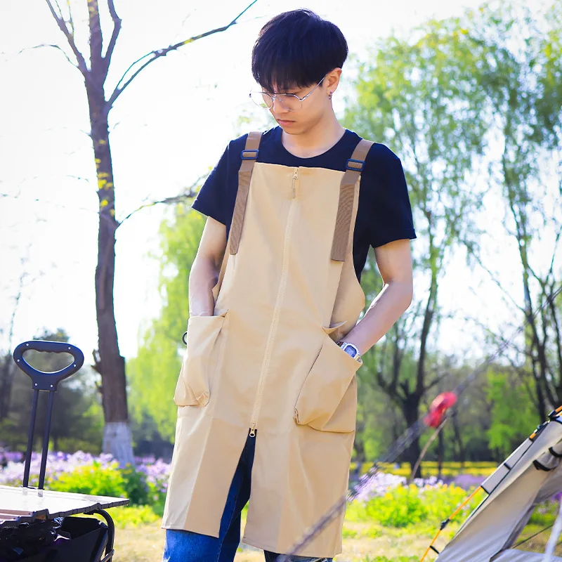 Zipper Outdoor Loose Work Apron Adjustable Shoulder Strap Multi-Pockets Unisex Workwear Suitable for Coffee Restaurant Grill