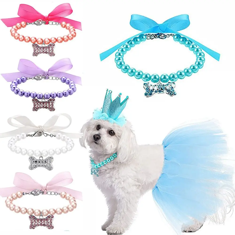 Cute Pet Pearl Necklace Bow Cat Dog Collar Diamond Dog Bone Pendant Adjustable Tie Pet Jewelry