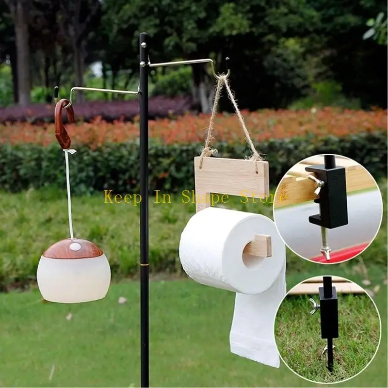 U1JC Carry Friendly Camp Light Stand with Two Upper Prongs, Foldable Lamp Hanger, Desk Fastener and Metal Frame Form for Evening
