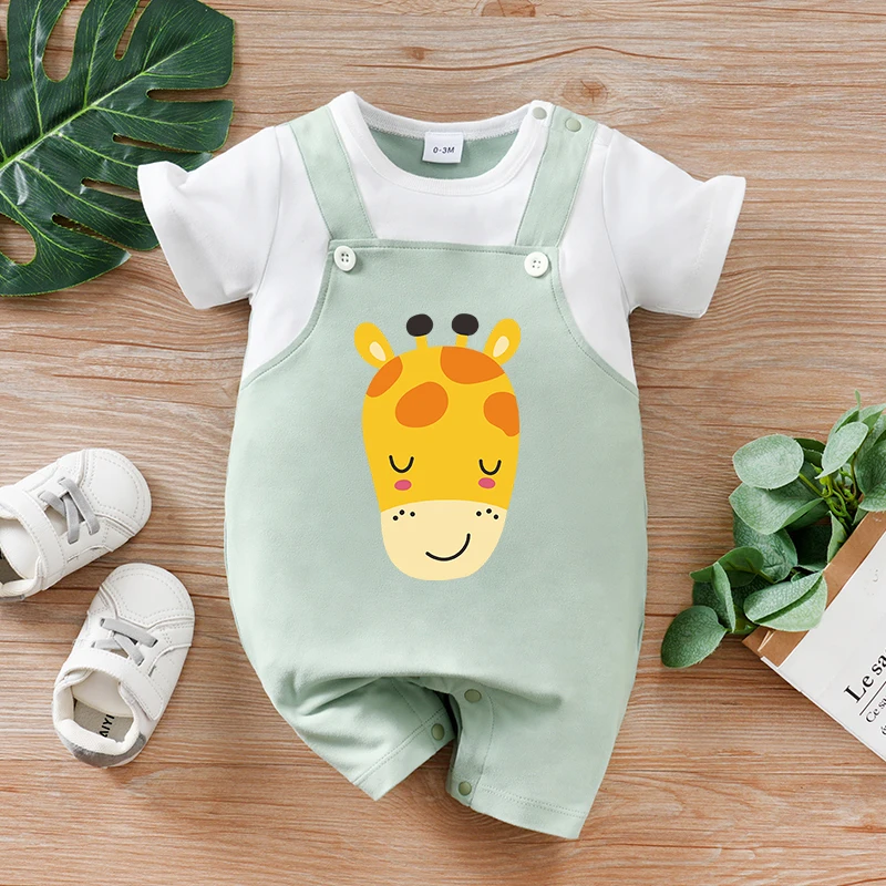 

Летний комбинезон из 2 предметов с подтяжками для новорожденных мальчиков, девочек и малышей, милый комбинезон с круглым вырезом и короткими рукавами в зеленую полоску с рисунком лисы