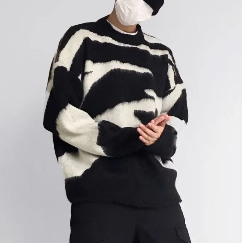 

Мужской свитер оверсайз в стиле хонконгского кэжуал, зимний, с длинным рукавом, воротником-стойкой и ромбовидным узором