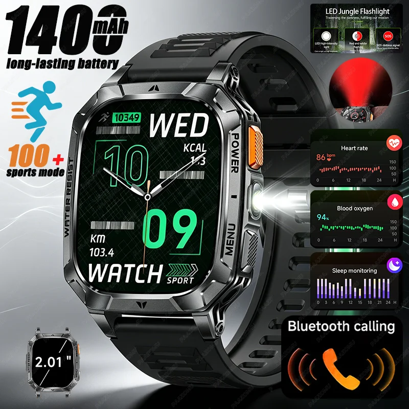 2026 New sporty style 1400mAh large battery smartwatch IP68Waterproof Fitness tracker Heart rate Outdoor Military smartwatch Men