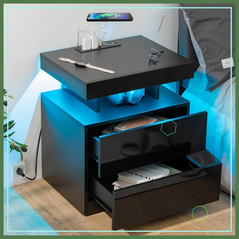 

Wireless Charging Nightstand with LED RGB Light, USB Ports & Drawers, Smart Bedside Table for Bedroom