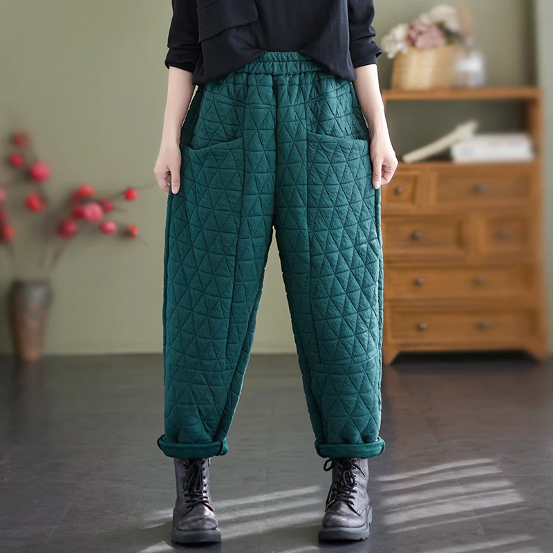 بنطلون هارلان نسائي شتوي سميك من القطن الهوائي، فضفاض وعصري بنقشة الماس، بنطلون طويل كاجوال بخصر مطاطي للارتداء الخارجي #3