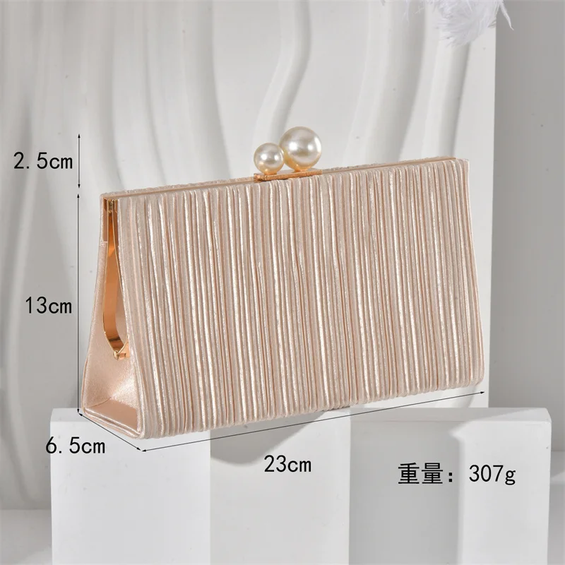 Pure Color Shimmering Fabric Clutch Bag Female Fashionable Wrinkled Evening Bag Cross-body Formal Dress Champagne Clip Purse view 6
