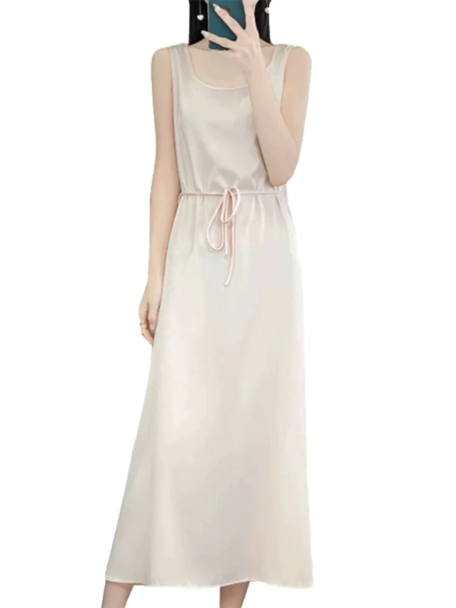 Ele acetato cetim feminino dr com cintura acetada saia longa textura suave com cinto svel solto novo sle