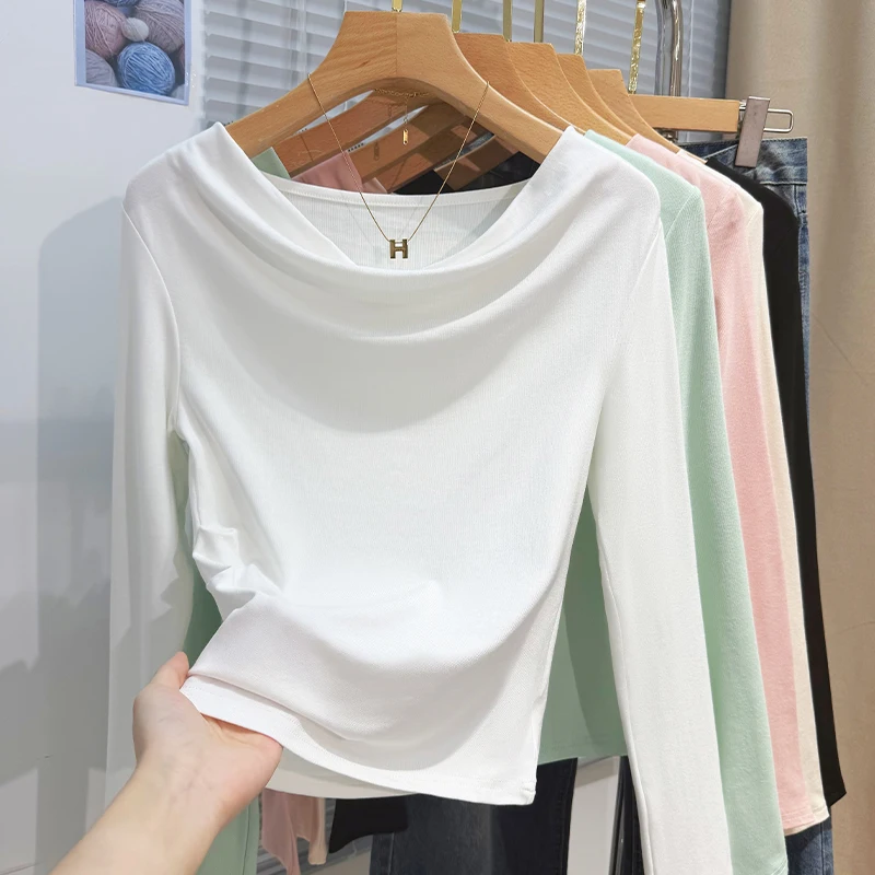 2026 Sexy Langarm-T-Shirt mit tiefem Ausschnitt für Damen, Herbst/Winter, schulterfreies, schmales Oberteil im koreanischen Stil, einfache Basisschicht, lässige Oberteile
