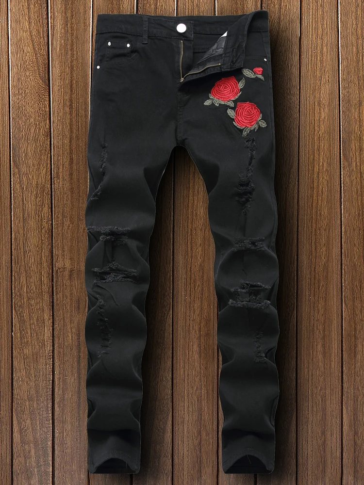 

Trendy American High Street Slim Fit Jeans Men's Embroidered Rose Flower Small Foot Pants Elastic Cotton Stretch Denim