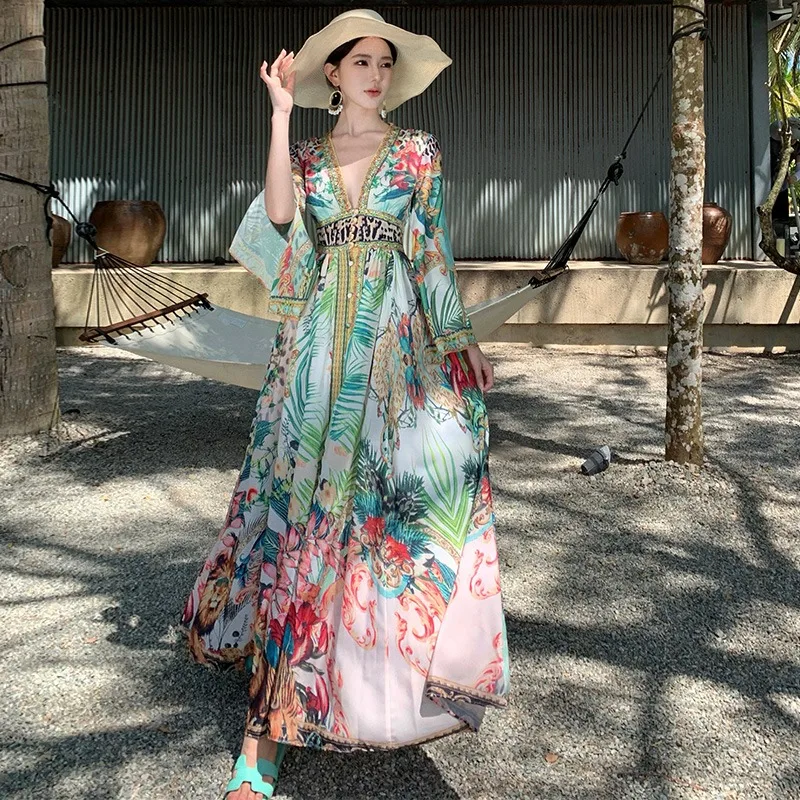 

New Holiday Chinese Style One Piece Midi Dresses Women Summer Long Sleeve Dress Boho French Female Popular Spring Autumn Dress